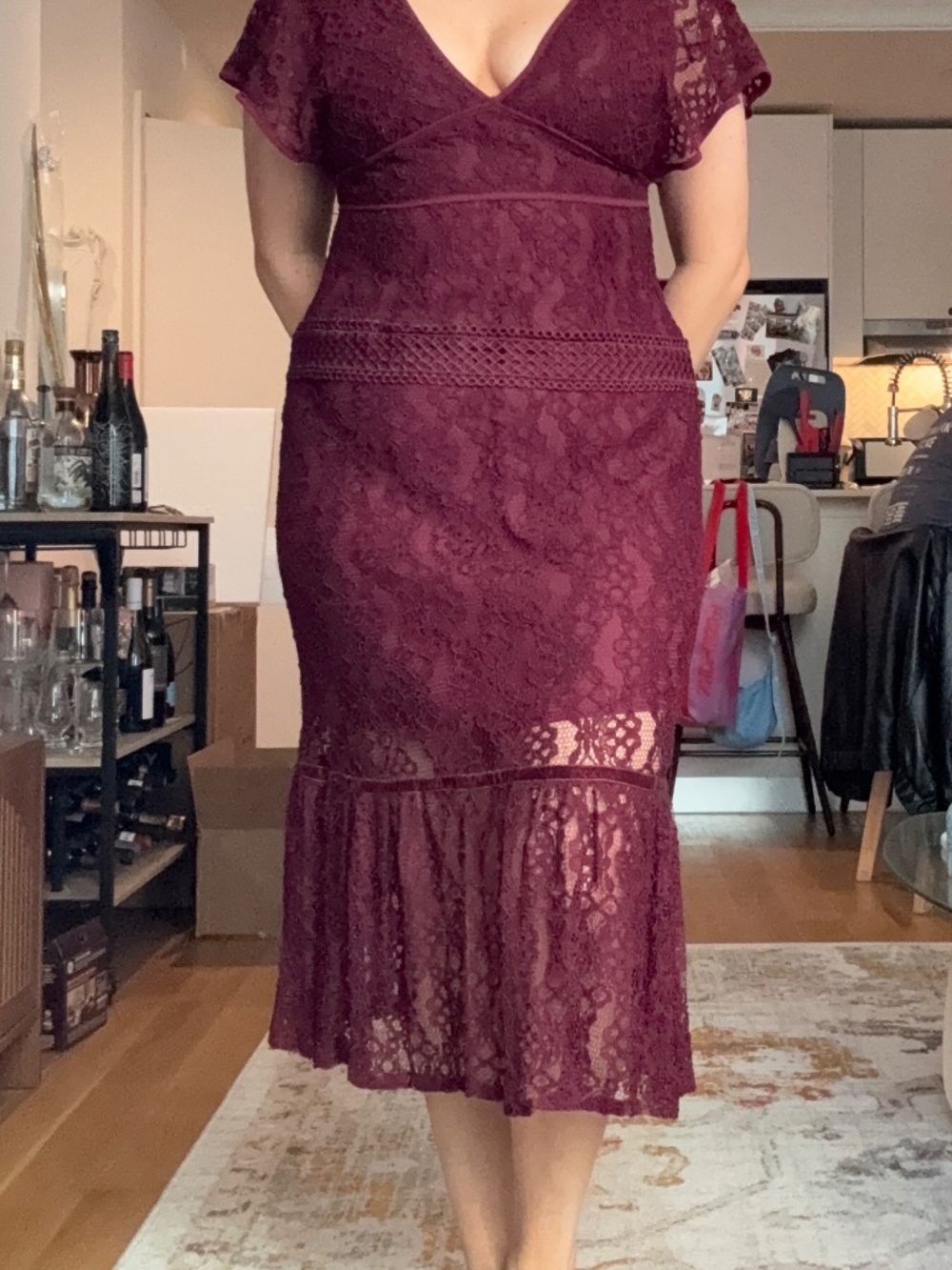 Foxiedox Burgundy Wine Lace V-Neck Midi Dress Short Sleeve Flounce Hem L